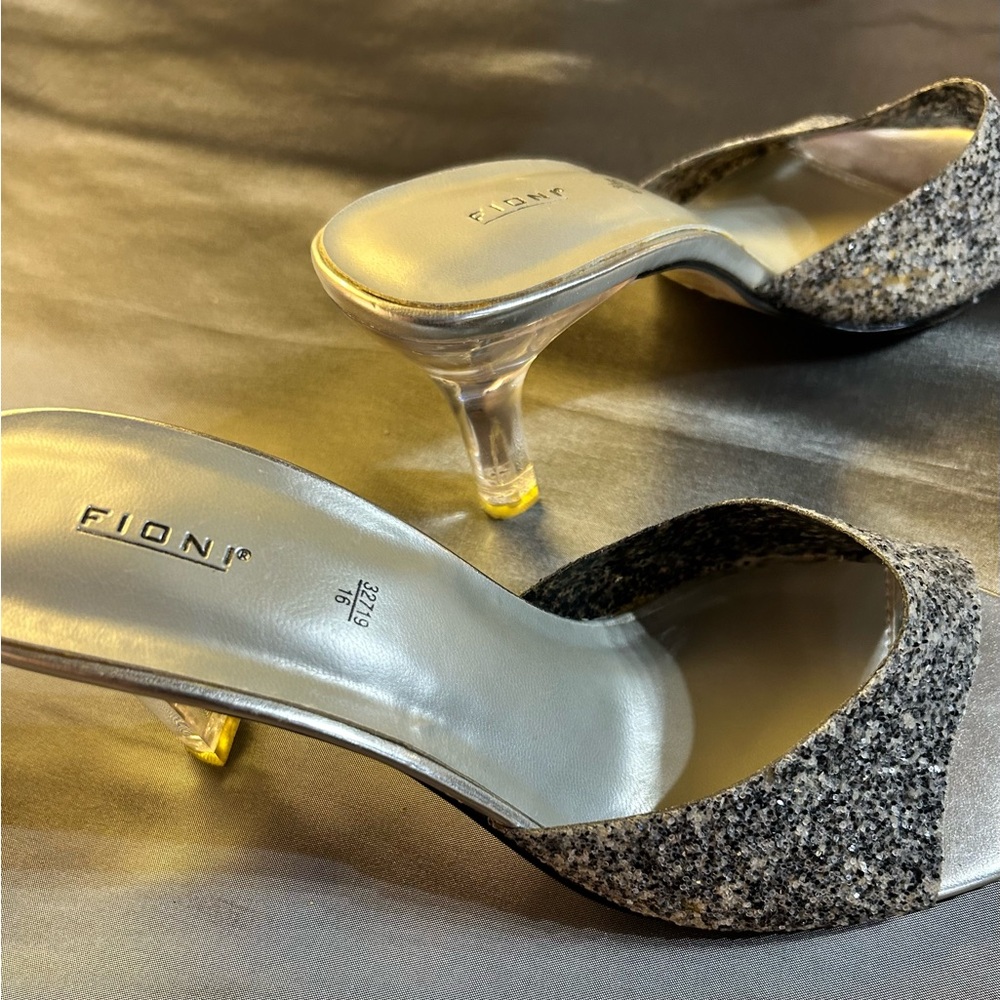 FIONI  Glitter Open-Toe Lucite Slip-on Heels in Silver & Black